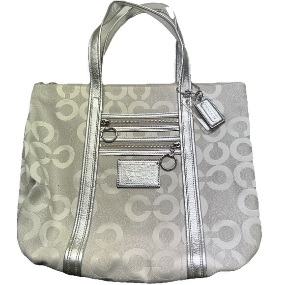 COACH Poppy Signature Silver Jacquard Tote Shoulder Bag 14575 Large Y2K - Picture 1 of 11